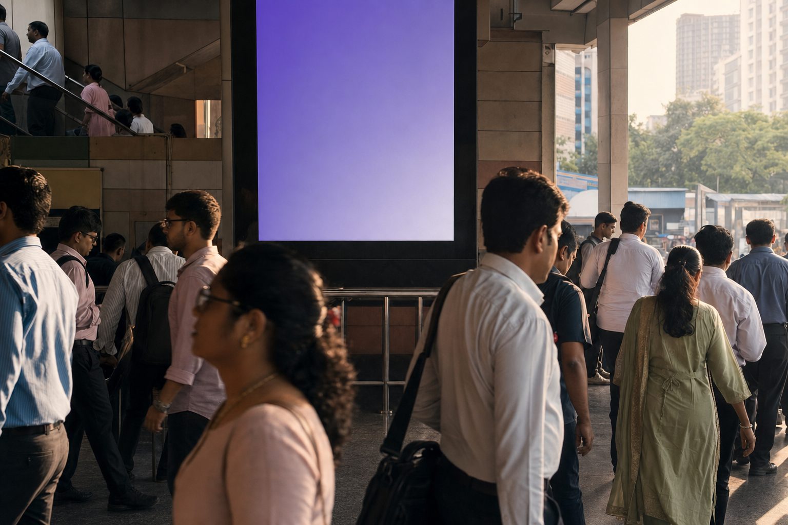 AI-generated illustration: digital screen at a metro entrance in Mumbai