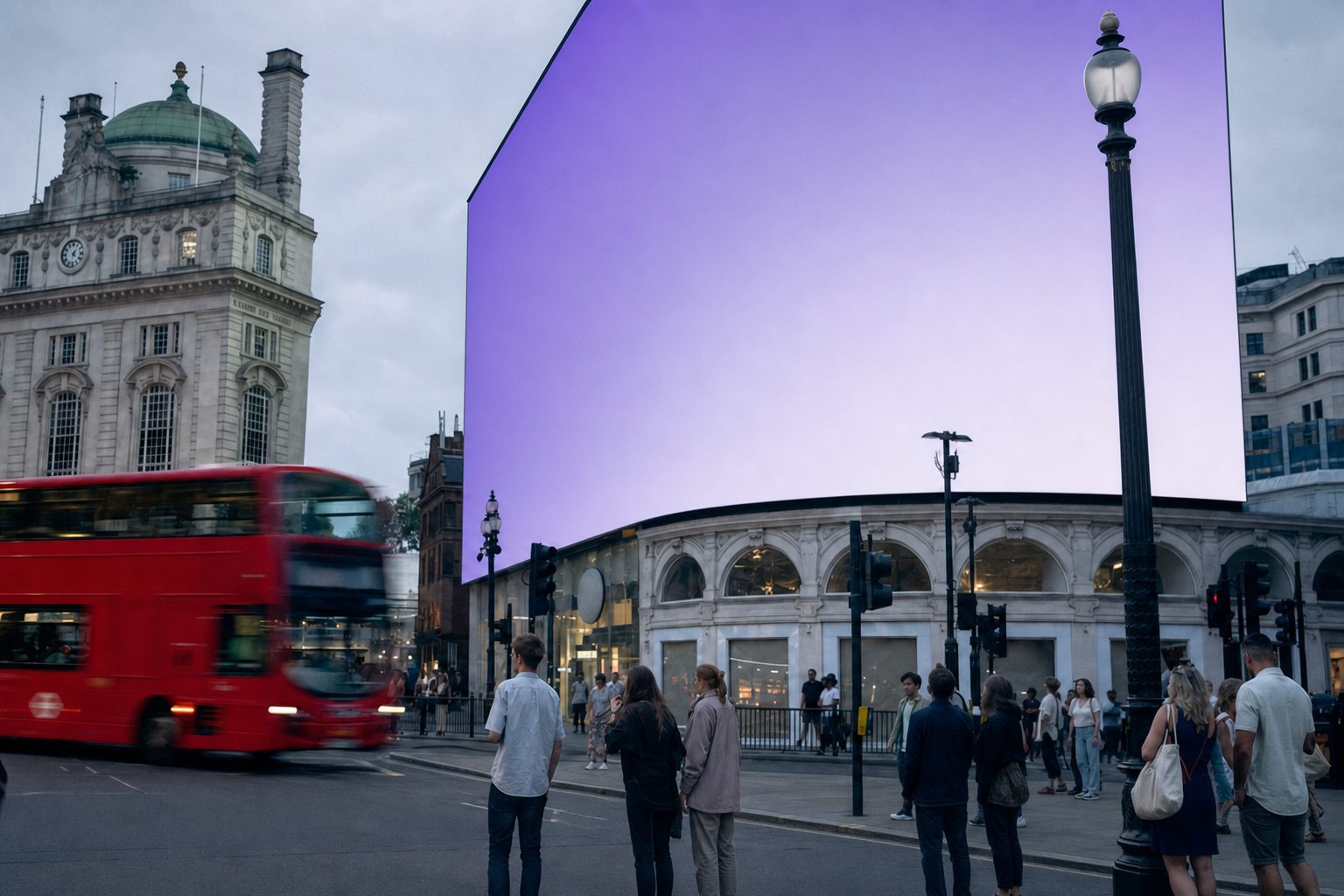 AI-generated illustration: digital screens at Piccadilly Circus at dusk